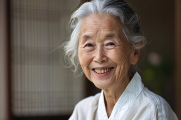 Smiling Asian Woman in White Dress Generative AI