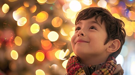 Holiday Cheer A Little Boy Smiling at the Camera in a Festive Lighting Environment Generative AI