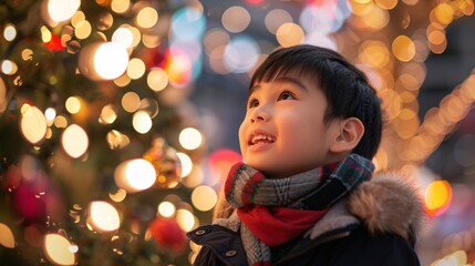 Holiday Cheer A Little Boy Smiling at Christmas Lights Generative AI