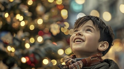 Holiday Cheer A Boy's Smiling Face in Front of a Christmas Tree Generative AI
