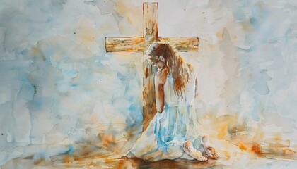 Female Artist's Tribute to the Month of Love A Watercolor Painting of a Woman Kneeling in Prayer Before a Cross Generative AI