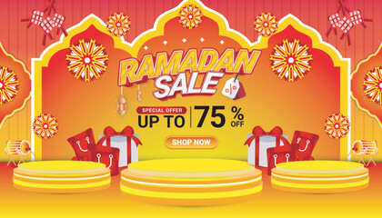 Banner Ramadan mubarak sale orange 3d text editable social media background 7