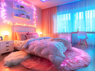 Teen girl's room or nursery in pink and blue neon light with a large bed and a fluffy carpet - 757886188