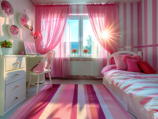 Children's room in shades of pink, bright and light. With striped wallpaper creating a cozy atmosphere, - 757886309