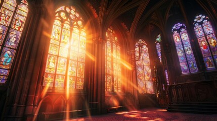beautiful gothic church cathedral with stained glass  - obrazy, fototapety, plakaty