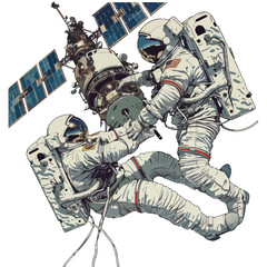 Astronauts on a spacewalk repairing a damaged solar