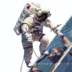 Astronauts on a spacewalk repairing a damaged solar