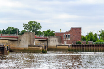 Fototapeta na wymiar Bremen, Germany - June 28, 2019: Bremer Weserwehr, water level control system (weir) on Weiser River