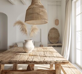 Bamboo Table with Wicker Lamp and Rattan Basket A Modern, Eco-Friendly Home Decor Generative AI