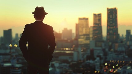 Sunset Stroll in the City A Man in a Hat Takes in the Skyline Generative AI