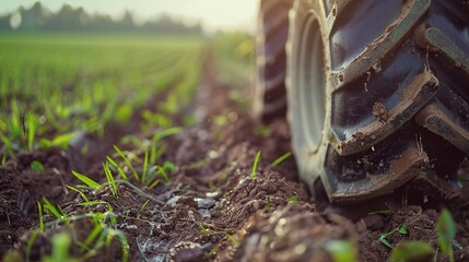 Close-up shot of tractor wheels covered in mud and a plowing field in the background - obrazy, fototapety, plakaty