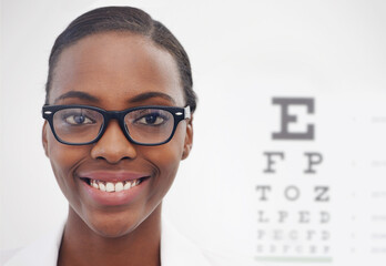 Vision, test and portrait of woman in consultation for optometry, eye exam and doctor in healthcare. Glasses, expert and medical chart with letters in clinic and African optometrist with spectacles - obrazy, fototapety, plakaty