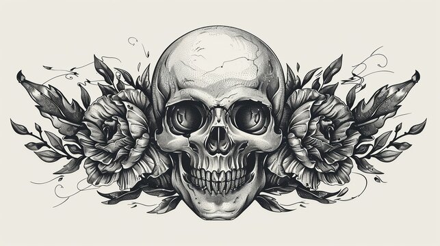 A human skull head with ornament pattern background