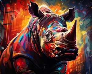 Abstract Artistic Rhino with Vibrant Color Splashes