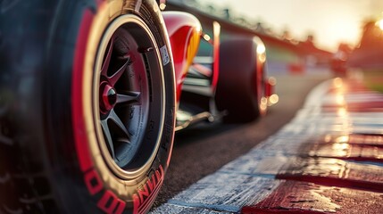 Close up formula one car wheel on circuit.