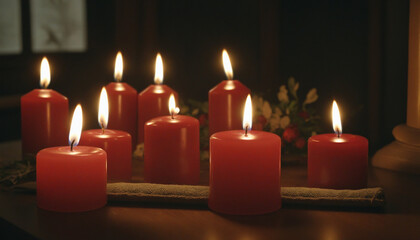 Background with lit candles black and red glowing background 