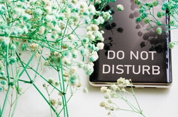Modern smartphone - cell phone with the inscription do not disturb and green dried flowers on a...