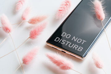 Modern smartphone with the inscription do not disturb and pink dried flowers on a white background....