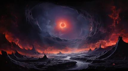 Rolgordijnen Eclipse Over a Lava-Filled Alien Landscape © PTC_KICKCAT