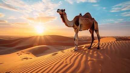 Camel in the Desert Generative AI - obrazy, fototapety, plakaty