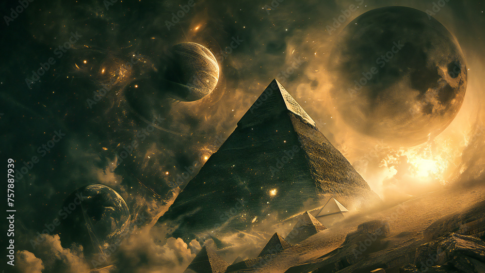 Wall mural A pyramid of wisdom, surrounded by planets. Eternal temple of wisdom, esoteric, hermetic and cabal fantasy concept.