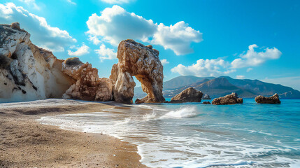The blue sea, sand and rocks on a beautiful Mediterranean beach - obrazy, fototapety, plakaty