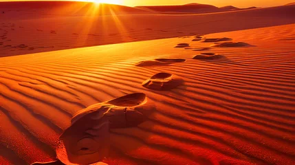 Tableaux ronds sur plexiglas Anti-reflet Rouge 2 Footsteps in the sand of the desert at sunset