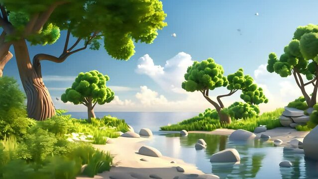 3D illustration of green nature background with river and mountain