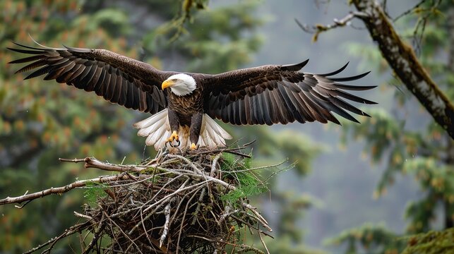 Bald eagle in a nest at the top of a tree