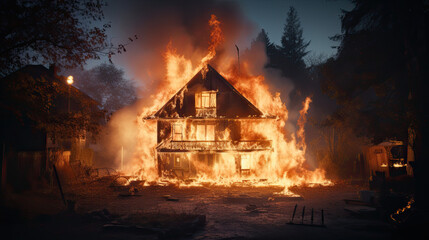 Outdoor shot of a House or fire and Burning down