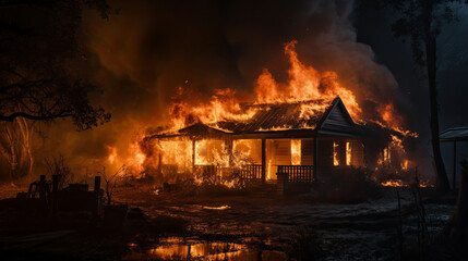 Outdoor shot of a House or fire and Burning down
