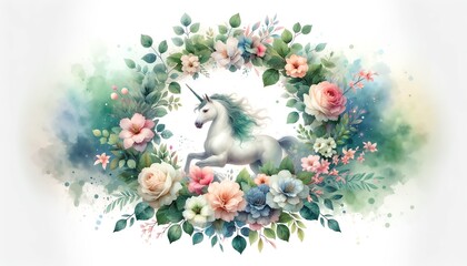 Watercolor painting of a Unicorn and Flowers