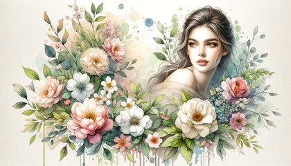 Naklejka premium Watercolor painting of a Woman and Flowers