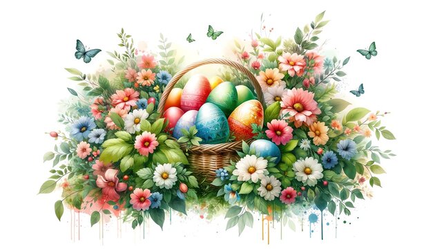 Watercolor painting of Easter Eggs in a basket