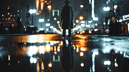 Glowing Night in the City A Man in a Hat and Coat Stands in the Rain Generative AI