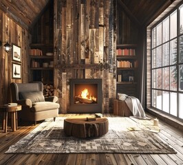 Cozy Winter Nights A Rustic Fireplace and Bookshelf Generative AI