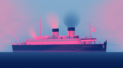 Flat style illustration of solitary steamboat sailing through misty river on serene foggy morning - obrazy, fototapety, plakaty