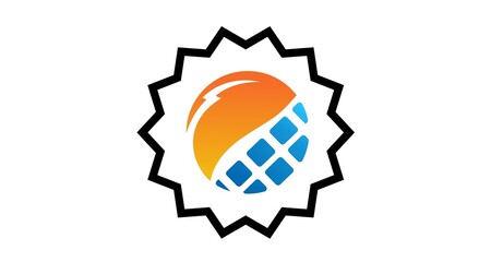 Solar panel logo in zigzag badge label isolated on white background 