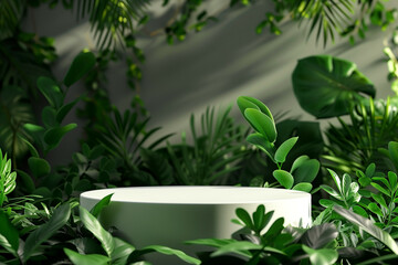 3D rendered white podium amidst vibrant green leaves 