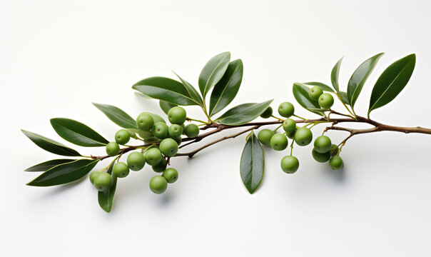 Branch with leaves and berries on a white background.