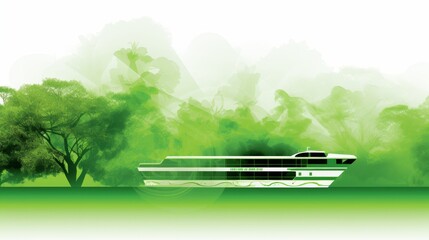Flat style illustration of a solitary steamboat navigating the misty river on a serene foggy morning