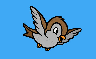 A brown bird on a blue background is flying