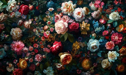 A colorful rococo style wall made of flowers background. Artistic floral painting wallpaper design. Rich color palette.