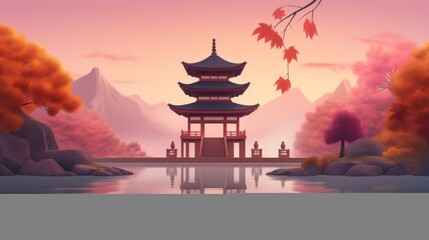 Fototapeta premium Flat style illustration of a serene buddhist pagoda in a peaceful natural landscape