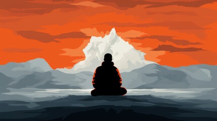 Buddhist monk meditating in the tranquil lotus position against a serene mountain backdrop