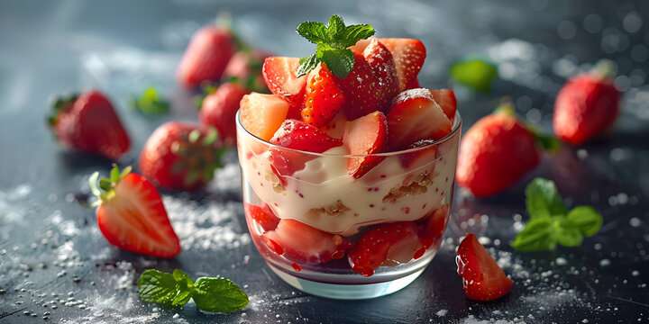 Glass of strawberry yogurt, with fresh strawberries Strawberry tiramisu or trifle dessert in a glass jar with fresh strawberry and mint leaves. 