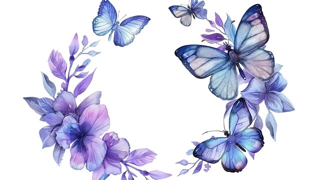 Wreath template with purple and blue butterfly in watercolor style,generative ai, 