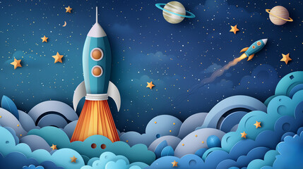 Blue boys party invitation, space rocket backdrop, with text space 