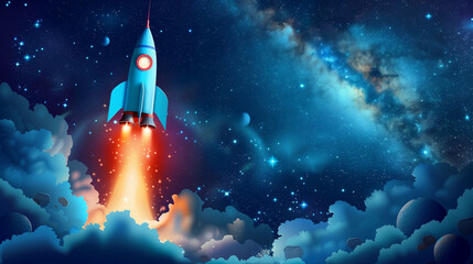 Obraz premium Blue boys party invitation, space rocket backdrop, with text space 