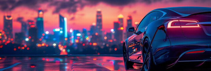 Blue electric car charging at dusk, city lights backdrop 
